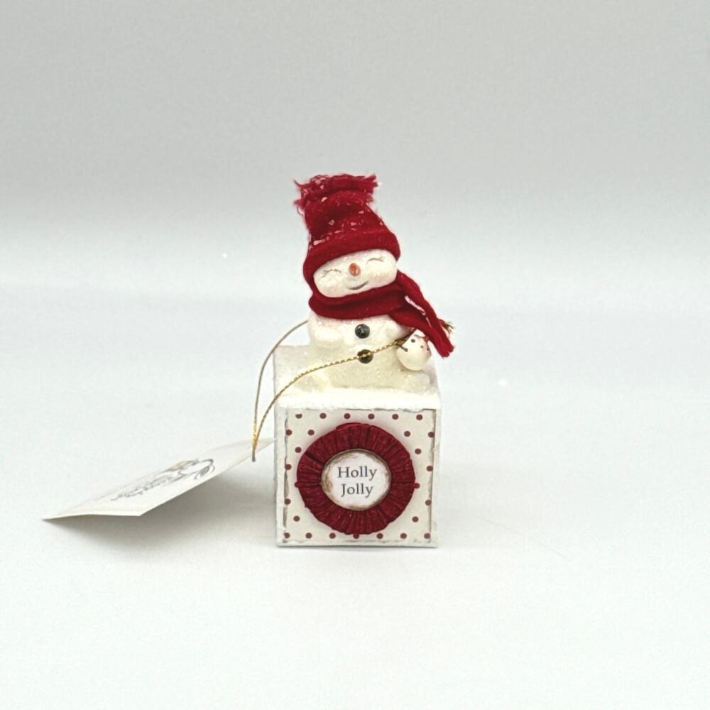 Bethany Lowe Holly Jolly Snowgirl on Block Winter Christmas Snowman Figurine NEW